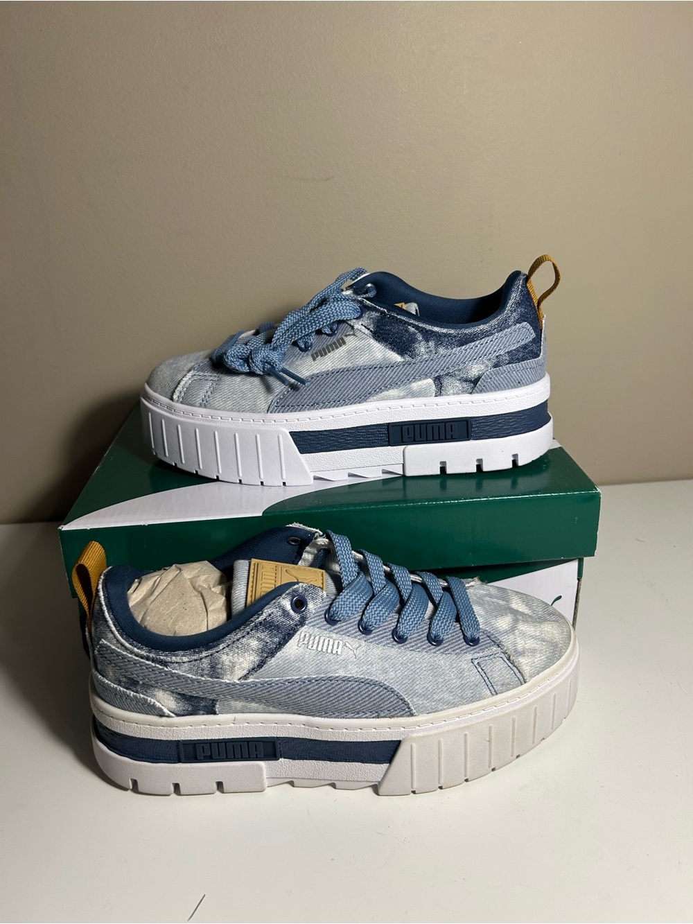 Puma Light Blue Tie-Dye Denim Platform Sneakers with Navy Accents Sw